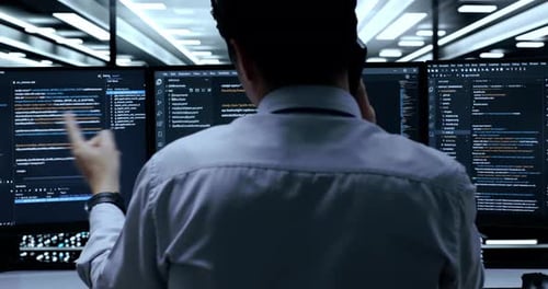 Asian Male Programmer Talking On Smartphone While Writing Code By Desktops In The Server Room