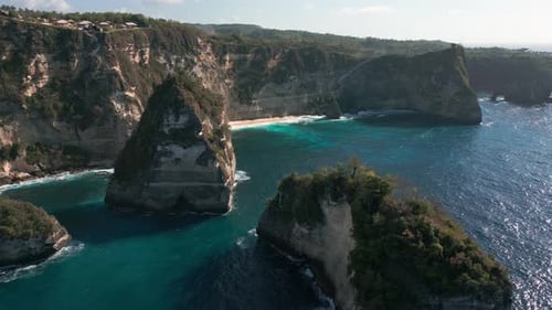 Rock Formations At The Seafront Of Diamond Beach In Nusa Penida Island, Bali Indonesia. Aerial Drone