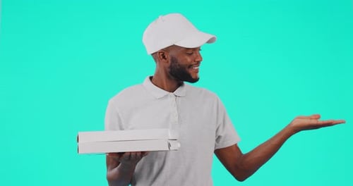 Man, hand and advertising logo space on studio green screen for pizza, delivery box or courier