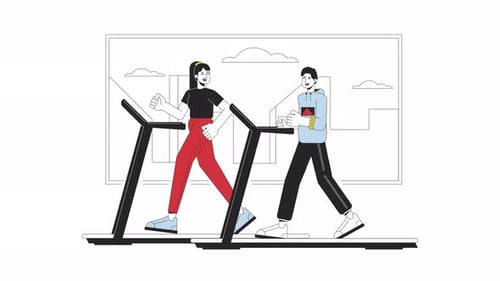 Diverse friends training in gym line 2D animation