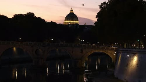 Scenic night view of Saint Peter's Basilica Dome in Rome, Italy