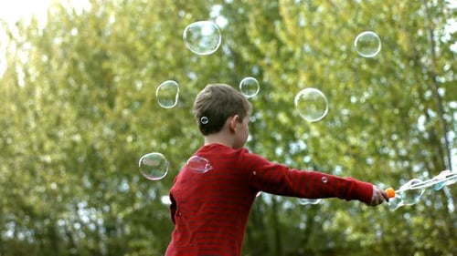 Boy Making Bubbles in a Lush Green Park