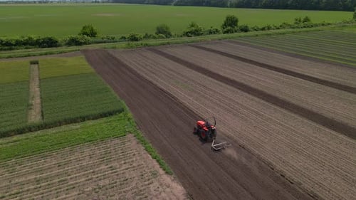 Agricultural Red Small Tractor in the Field Plowing Works in the Field