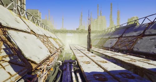 Futuristische Industrielandschaft im Morgengrauen in gelbes Licht getaucht