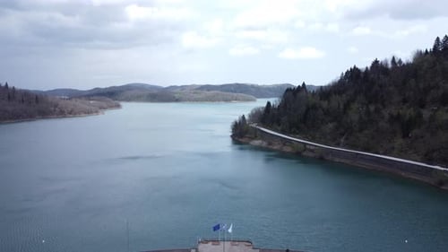 Aerial shot of a lake and a hydroelectric dam 4K