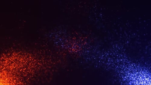 Abstrakter bunter Hintergrund mit fliegenden blauen und orangefarbenen Partikeln. Nahtlose Schleife
