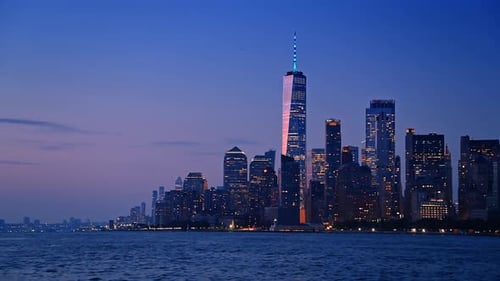 Evening skyline of modern New York from the riverscape.