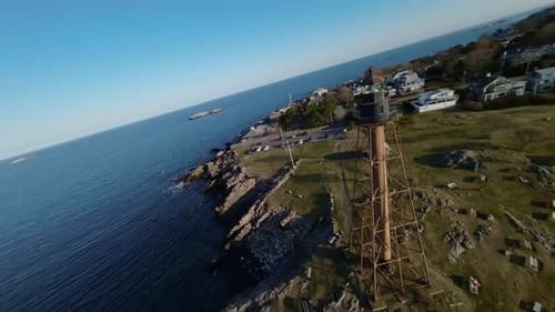 FPV drone flight towards Marblehead lighthouse, Massachusetts, USA