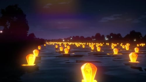 Glowing Geometric Lanterns Floating at Night