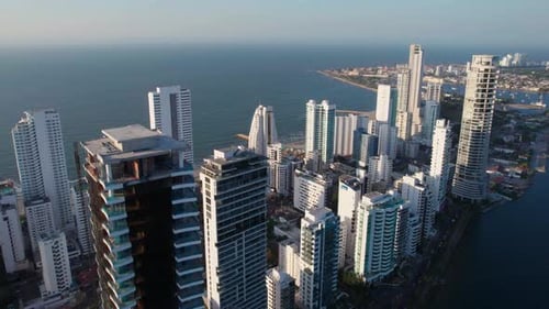 Aerial View of Bocagrande, Hotel and Apartment Towers, Beaches, Street Traffic, Cartagena, Colombia