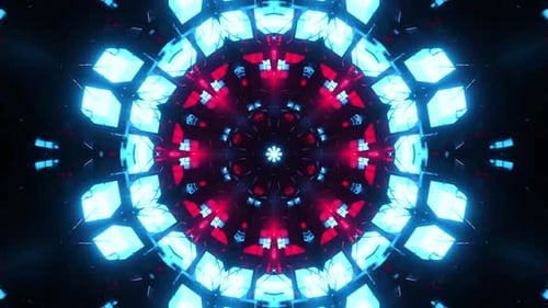 Dynamic kaleidoscope of vibrant red and blue light patterns