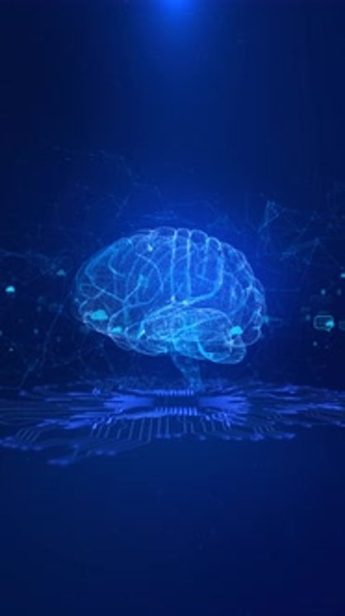 Futuristic human brain interface Human brain plexus structure revolving digits orbiting around. Deep