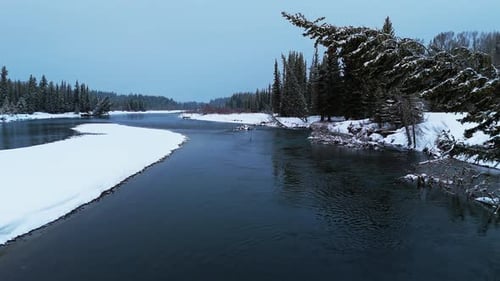 Winter River with Evergreen Trees in Wyoming