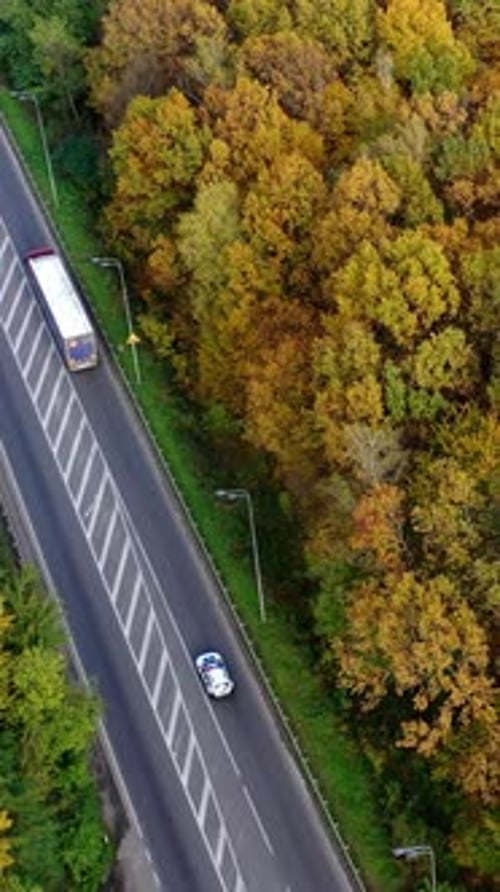 Road in autumn forest. Trucks and cars moving on a highway among beautiful scenery at fall season.