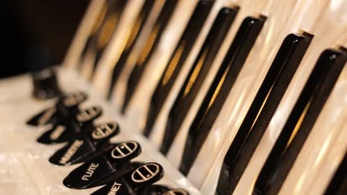 teclado de acordeón blanco y negro que muestra botones y teclas con diferentes modos de selección de instrumentos