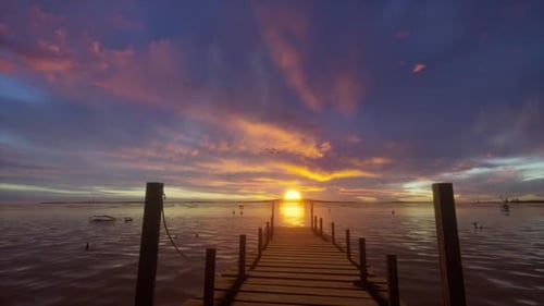 Holzsteg, der sich bei Sonnenuntergang in einen See mit strahlendem Himmel erstreckt