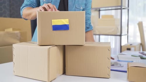 Drapeau de l'Ukraine sur un colis logistique.