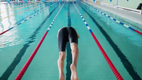Focused and Determined The Swimmer Prepares to Dive Into the Competitive Pool for an Exciting Race