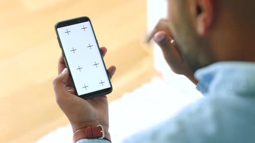 Mockup, hand and phone video call communication on a mobile screen for marketing