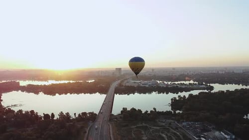 Hot Air Balloon Flying Over Kiev View River Dnipro in the Sunrise Beautiful Panorama of the City Air
