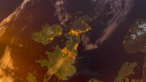 Scotland From Space At Sunset. Uk From Space Orbit. Planet. Globe