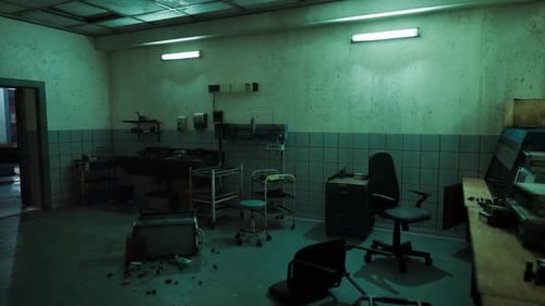 Abandoned Office Space with Dim Lighting and Scattered Debris in Urban Setting
