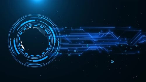 Interface numérique futuriste, affichage circulaire, technologie circulaire, innovation, lignes lumineuses, binaires