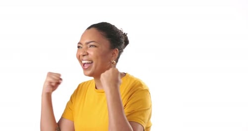 Young Woman Cheering and Pumping Fists Joyfully