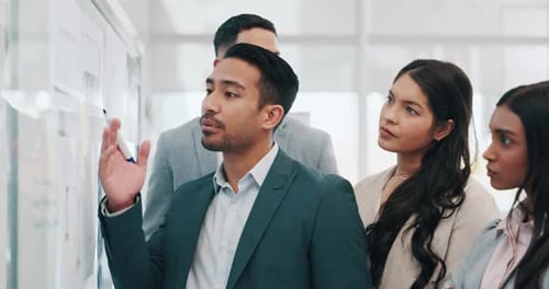 Business people, coaching and presentation in team brainstorming, strategy