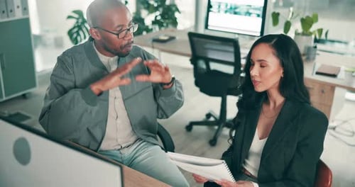 Office, consultation and people with computer at desk for information technology