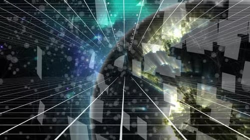 Animation of digital cloud forming from squares, network of connections and turning globe in space