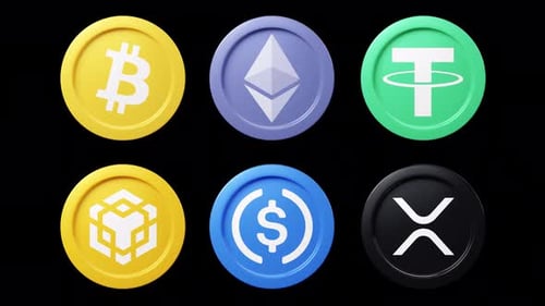 BTC ETH USDT BNB USDC XRP coin 3d rotage 360 degrees in black bg Cryptocurrency token seemless loop