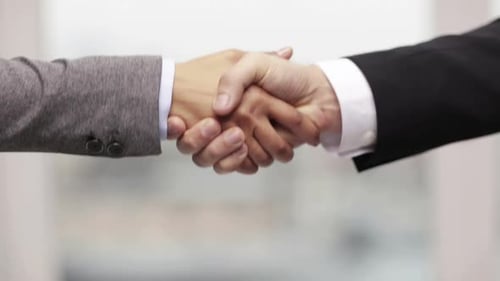 Business And Office Concept - Businessman And Businesswoman Shaking Hands In Office