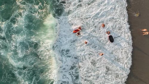 People Swim in the Stormy Sea Aerial View 4 K Turkey Alanya