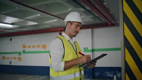 Focused Contractor Writing Clipboard Working at Parking Closeup Man in Helmet