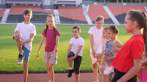 A Group of Children on the Treadmill at the Stadium on a Bright Sunny Day Warm Up with the Coach