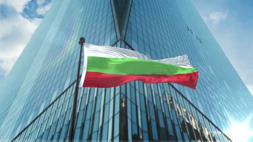 Waving Flag of Bulgaria in Front of Modern Corporate Building