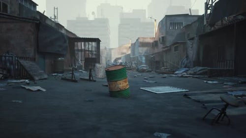 Abandoned Urban Street with a Green Barrel in a Desolate Environment