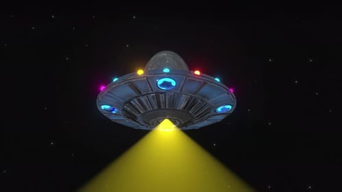 Animated Flying UFO in Outer Space with Searchlight