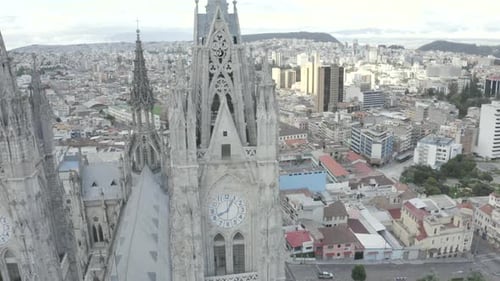 Drone shot of La Basilica del Voto Nacional located in the city of Quito, Ecuador during quarantine.
