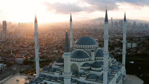 Camlica Mosque, Largest Mosque In The City Of Istanbul At Sunrise In Turkey. - aerial