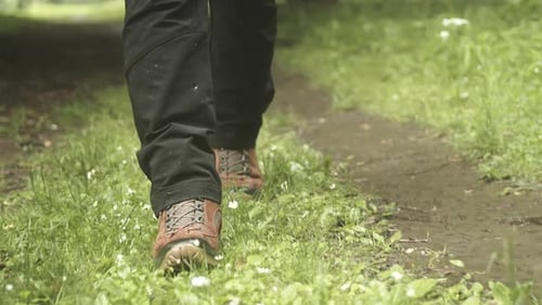 Person in hiking boots walks grassy trail, reverse tracking low angle