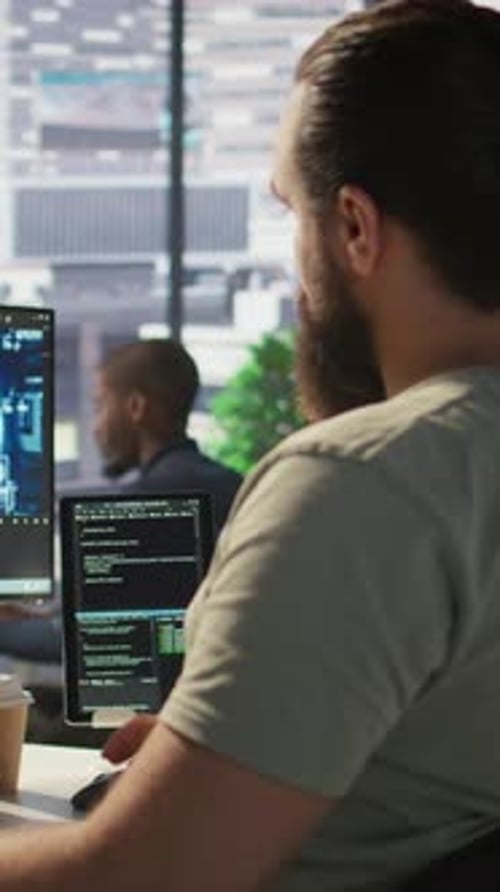 Vertical Video Close Up of Employee Working with AI Deep Neural Networks
