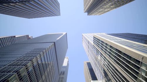 POV view of skyscraper buildings in the city. modern financial business district