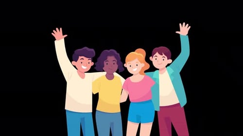 Animated Diverse Group of People Waving