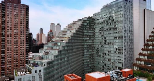 Staircase design of the huge grey multistoried building of New York.
