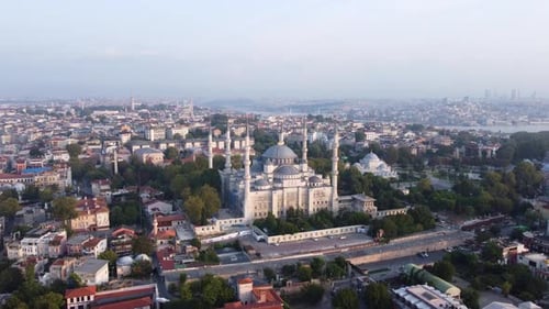 Cinematic Aerial Istanbul Blue Mosque and Hagia Sophia, Golden Hour