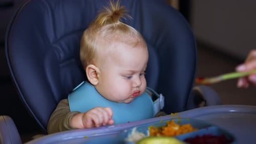 Adorable Baby Being Fed in a High Chair