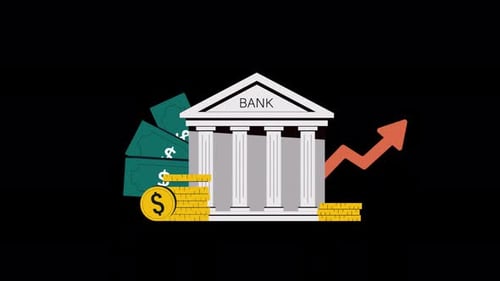 Bank Building with Money and Upward Arrow. Financial Growth Concept Animation Video - Transparent