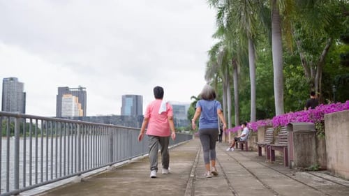 Rear view of two senior women walking exercise outdoors in modern city.